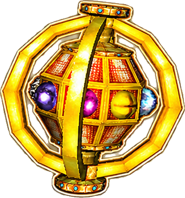 Artefato esférico dourado com gemas coloridas